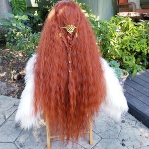 Long ginger wig with braids, Viking beads hair, druid, red orange elf elven wavy costume fairy princess, renaissance medieval, lace front