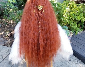Super long ginger wig, braided Viking Beads, Lace Front, synthetic wavy druid hair, gold leaves beads and jewelry, red head wig, witch elf