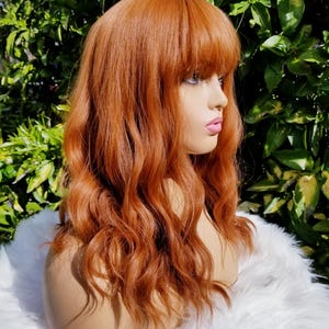 Ginger orange wig with bangs, copper light auburn wavy hair with bangs, braid with silver beads, synthetic heat resistant, realistic