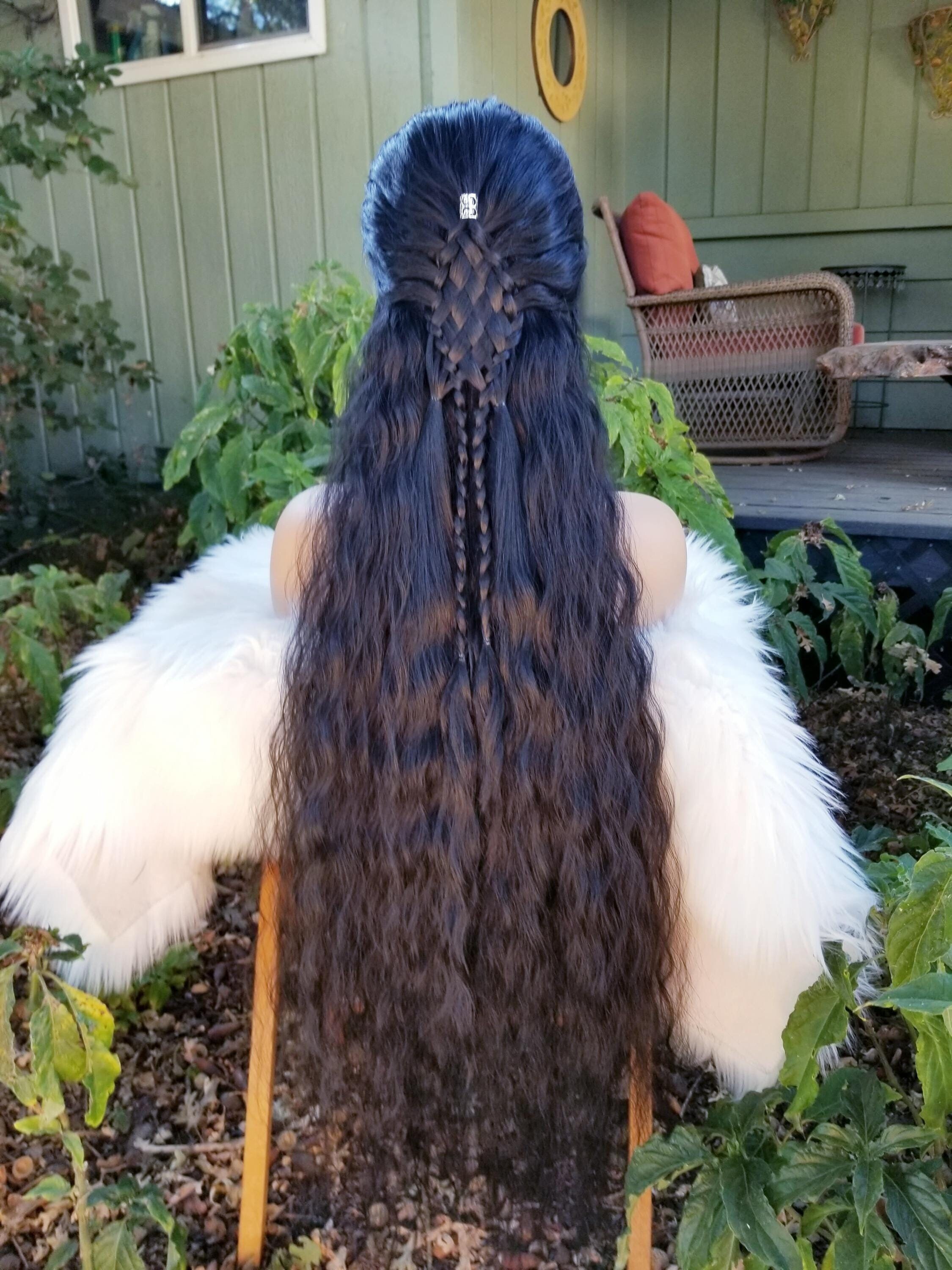 Super long black lace front wig, wavy braided, elven elf long fairy costume cosplay hair, princess queen, medieval, dark witch viking
