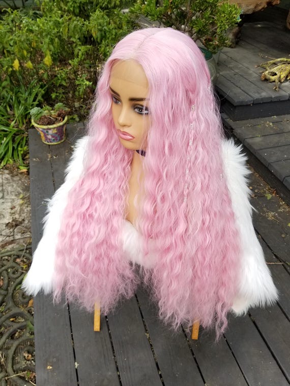 Super long pink wig with braids, light pink, silver beads, elf elven wavy costume fairy princess, medieval, lace front, mermaid