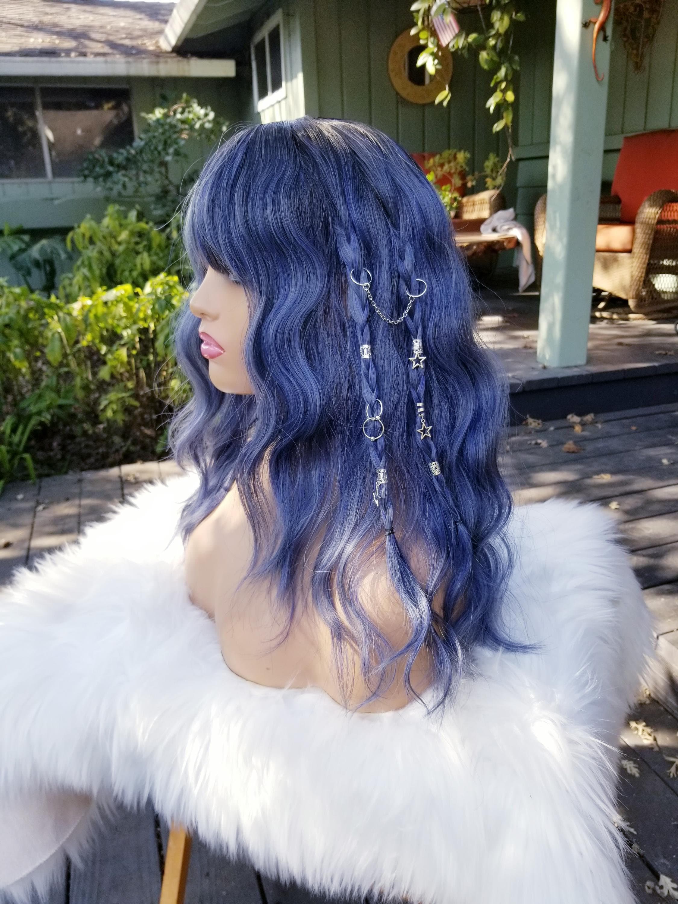 Blue Wavy Wig With Bangs, Periwinkle Light Steel Blue  display picture 3