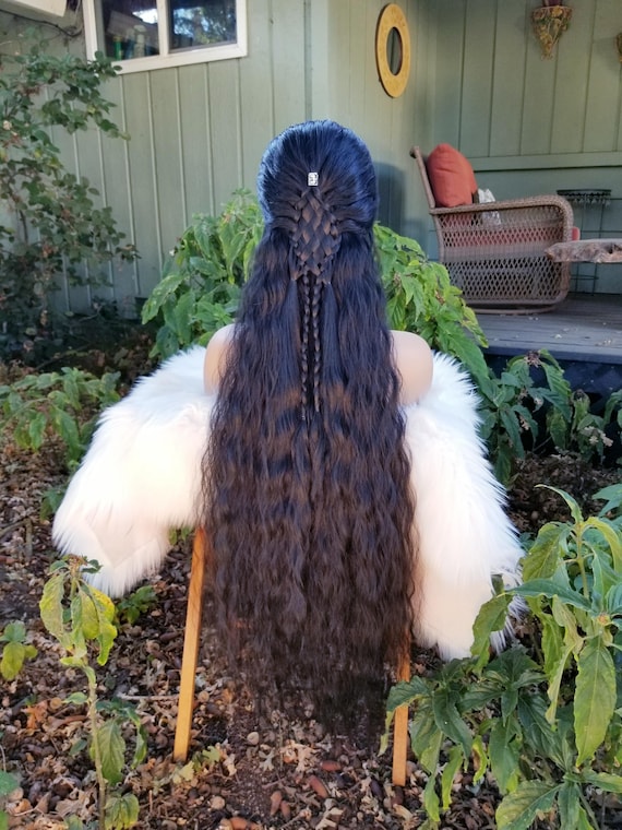 Super long black lace front wig, wavy braided, elven elf long fairy costume cosplay hair, princess queen, medieval, dark witch viking