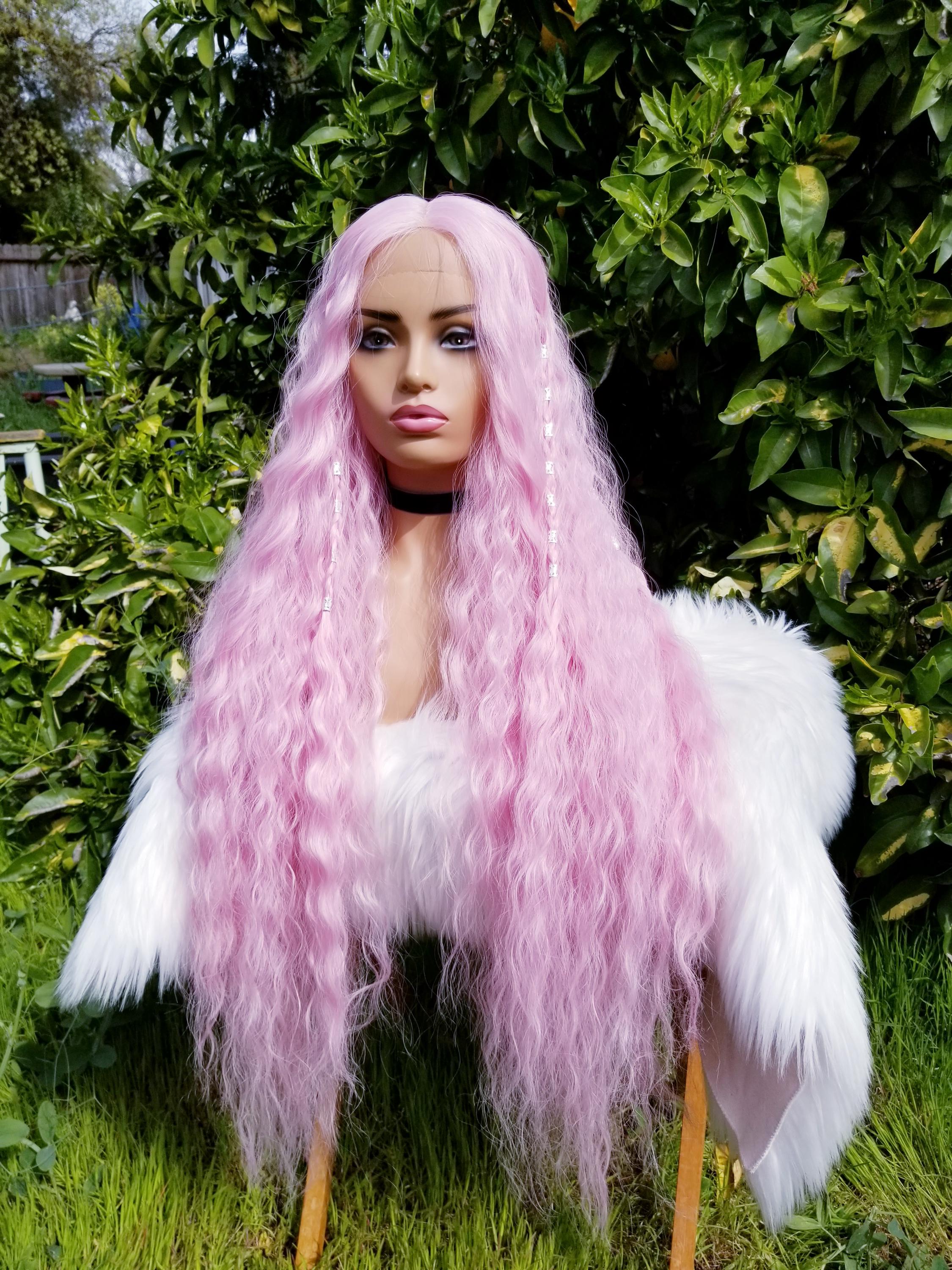 Super long pink wig with braids, light pink, silver beads, elf elven wavy costume fairy princess, medieval, lace front, mermaid