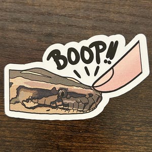 May include: A sticker featuring a cartoon snake with a pink finger poking it and the word "BOOP!" above it.