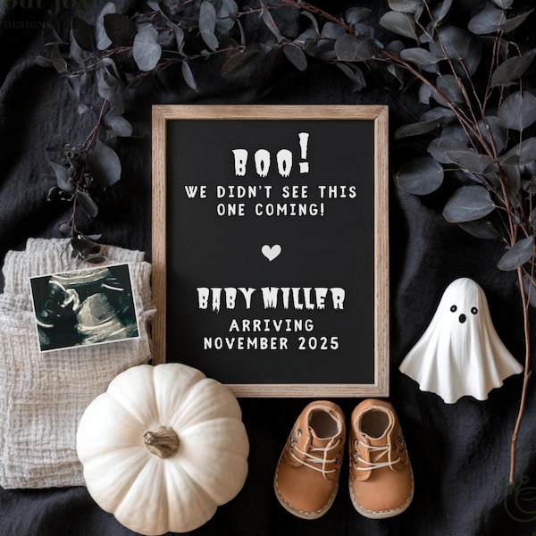Halloween Pregnancy Announcement Digital, Boho Minimalist Gender Neutral Boo Baby Announcement, Modern Social Media Reveal Editable Template