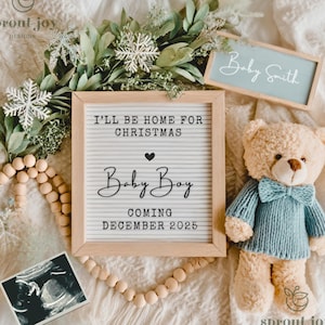 Christmas Baby Boy Gender Announcement Digital December 2025 Pregnancy Announcement Xmas Holiday Little Brother Social Media Reveal Template