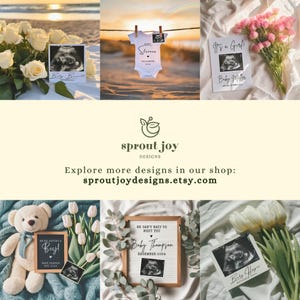 May include: A collection of six images showcasing different ways to announce a pregnancy with ultrasound photos. The images feature a white onesie with the text "Baby Stevens", a white sign with the text "It's a Girl! Baby Miller", a white sign with the text "We can't wait to meet you Baby Thompson December 2024", a white sign with the text "We're having a Boy! Bart Parker", a white sign with the text "Baby Hayes October 2024", and a white sign with the text "Baby Bennett October 2024".