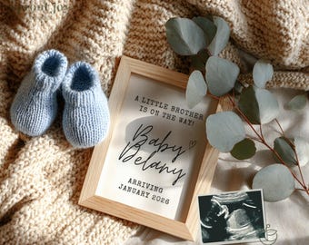 Baby Boy Pregnancy Announcement Digital, It's a Boy Boho Baby Announcement, Little Brother Social Media Gender Reveal, Editable Template