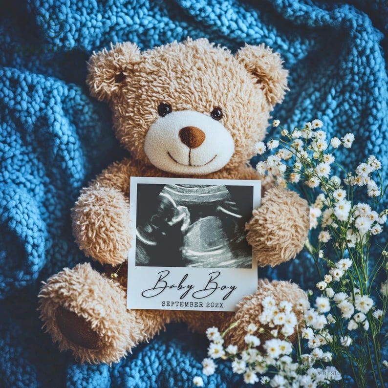 May include: A brown teddy bear holding a black and white ultrasound image with the text "Baby Boy September 202X" on a blue blanket with white flowers.