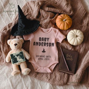 Baby Girl Halloween Pregnancy Announcement Digital, Witch October Baby Brewing Announcement, Social Media Gender Reveal Editable Template