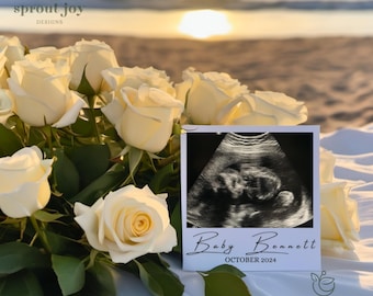 Graviditetsmeddelande Digitalt könsneutralt Sommar Babymeddelande Hav Vatten Helg Blommig Strand Tema Mall för avslöjande av sociala medier