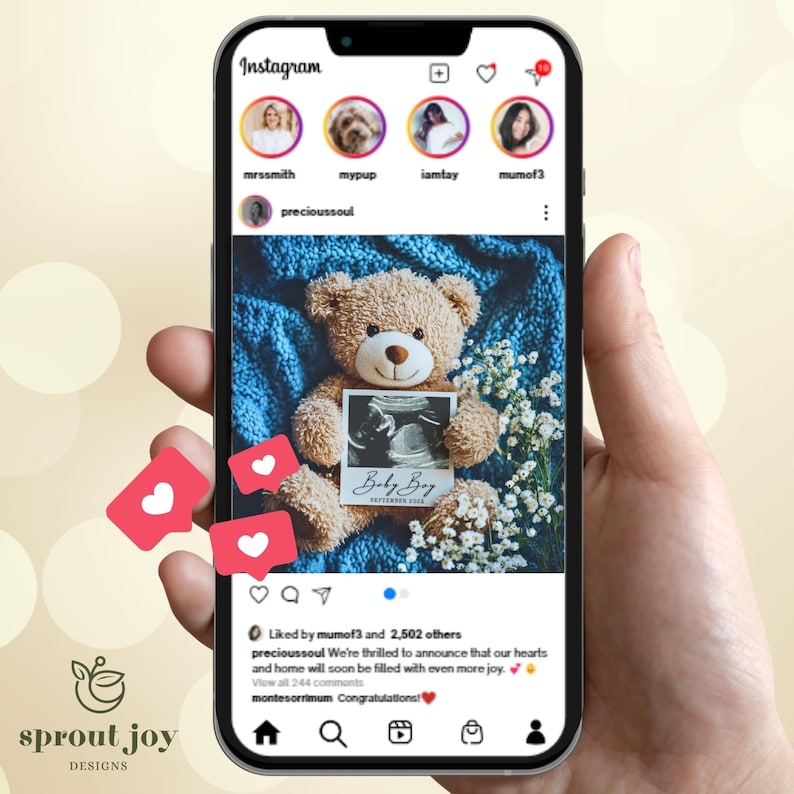 May include: A smartphone screen displaying an Instagram post announcing a pregnancy. The post features a teddy bear holding an ultrasound image with the text "Baby Boy" and the date "September 2024". The post has received over 2,500 likes and includes the caption "We're thrilled to announce that our hearts and home will soon be filled with even more joy."