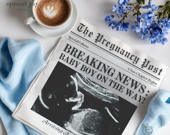 Newspaper Baby Boy Gender Announcement Digital, Simple Expecting News Pregnancy Announcement, Social Media Baby Boy Reveal Editable Template