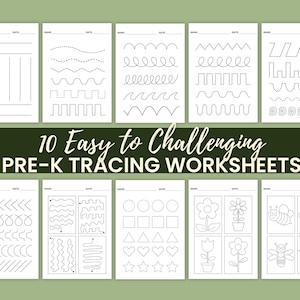 Op de afbeelding: Tien witte papieren oefenbladen met zwarte lijnpatronen, vormen, bloemen en bijen. Elke pagina bevat velden voor naam en datum. De tekst luidt 10 Easy to Challenging PRE-K TRACING WORKSHEETS. De lay-out toont tien afzonderlijke pagina's.