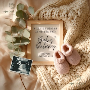 Baby Girl Pregnancy Announcement Digital, Boho Minimalist Baby Girl Announcement, Little Sister Social Media Gender Reveal Editable Template