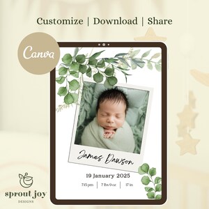 Modello di biglietto digitale per annuncio di nascita, modificabile, stampabile, semplice, neutro, verde, natura, minimalista, Hello World Welcome Newborn