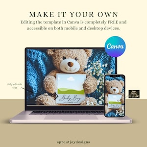 May include: A digital mockup of a laptop and a smartphone displaying a baby announcement graphic. The graphic features a teddy bear holding a card that says "Baby Boy" and the month "September 20XX".