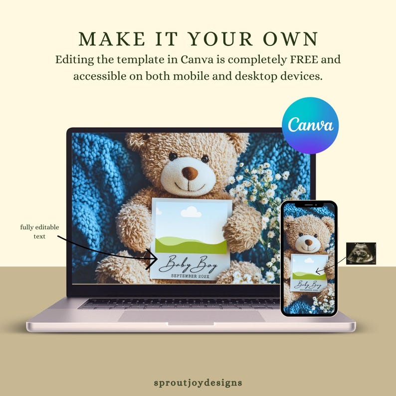 May include: A digital mockup of a laptop and a smartphone displaying a baby announcement graphic. The graphic features a teddy bear holding a card that says "Baby Boy" and the month "September 20XX".
