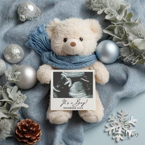 Baby Boy Christmas Announcement December 2025 Digital Pregnancy Announcement Bear Winter Holiday Little Brother Social Media Reveal Template