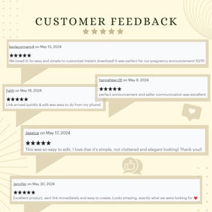 May include: Customer feedback for a digital product. Five-star reviews with positive comments about the product's ease of use, customization, and quality. The reviews highlight the product's quick delivery, simple design, and ability to be edited easily.