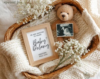 Faire-part de grossesse simple numérique, faire-part de bébé Boho minimaliste neutre, modèle modifiable de révéler bébé des médias sociaux modernes