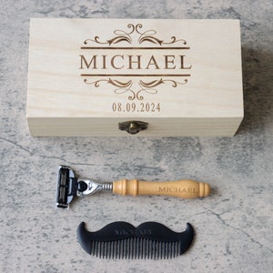 Personalized Wood Handle Razor Set: Shaving Brush, Groomsmen Gift