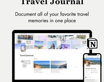 Puede incluir: Una captura de pantalla de una computadora portátil y un teléfono móvil que muestra una plantilla de Notion para un diario de viaje. La plantilla incluye una galería de imágenes y una sección para escribir entradas de diario. El texto en la pantalla dice "Diario de viaje" y "Documenta todos tus recuerdos de viaje favoritos en un solo lugar."