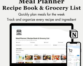 Meal Planner, Recipe Book, & Grocery List Notion Template, Digital Planner, Personal Planner, Life Planner, Digital Cookbook,