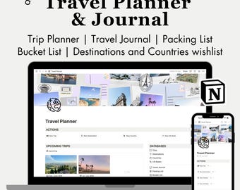 Puede incluir: Una captura de pantalla de una plantilla de Notion para la planificación de viajes y la elaboración de un diario de viaje. La plantilla incluye secciones para la planificación de viajes, el diario de viaje, la lista de empaque, la lista de deseos y los destinos y países de la lista de deseos. La plantilla es totalmente personalizable y utiliza un calendario de Notion para sincronizar toda la información.
