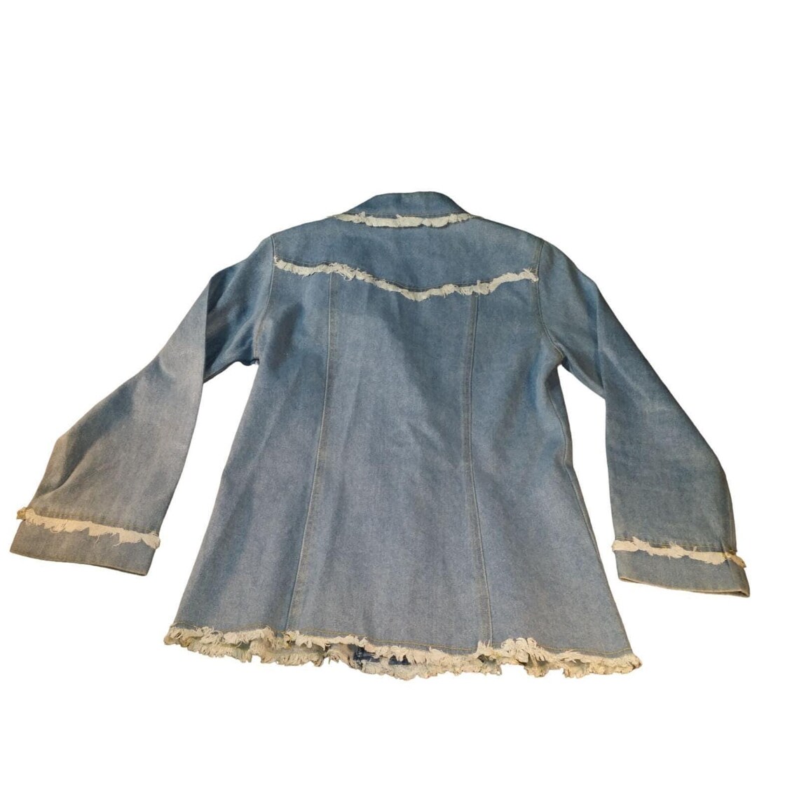 Womens Jacket Denim Blazer 8 Light Wash Frayed Fringe Trim Maria Gabrielle, Foto 2 von 5