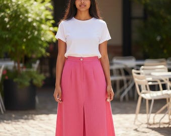 Vintage Pink Linen Maxi Skirt Womens Size 12 Wrap Front A Line Cottagecore Coastal Grandma Prairie Modest Summer Long Skirt