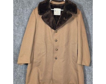 VTG London Fog Mens Tan Overcoat with Fur Collar Lined Sz 46 Reg Outerwear 80s