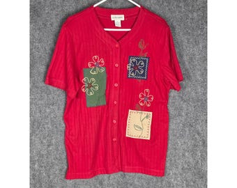 VTG Alfred Dunner haut pour femme rouge moyen brodé floral manches courtes boutonné