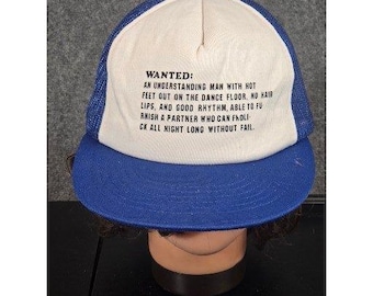 Vintage Fincher's Findings Wanted Funny Humorous Blue White Mesh Trucker Hat 80s