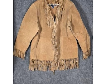 Jaqueta feminina vintage Venezia Jeans Clothing Co. em camurça com franjas, estilo boho western, tamanho 22/24.