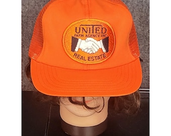 Vintage United Farm Agency Real Estate Trucker Hat Cap Orange Patch Snapback