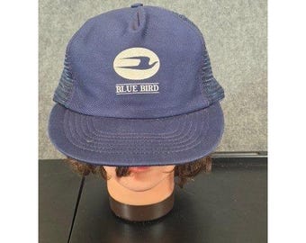 Blue Bird School Bus Logo Trucker Hat Navy Blue Mesh Snapback Vintage Style Cap