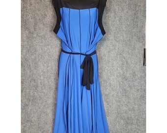 Vintage Blair Women's XLG Blue Maxi Dress Sleeveless Black Trim Belted Elegant