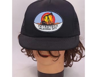 Vintage Petrotech Oklahoma City Trucker Hat Snapback Black Oilfield Petroleum Gas Patch Foam Mesh Cap Made in USA Vintage Oil Workwear Hat