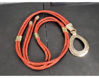 Vintage Brighton gevlochten leren bolo heupriem zilveren druppelhanger western