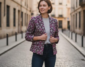 Pura Vida Womens Size 6 Pink Black Geometric Tapestry Double Breasted Pea Coat