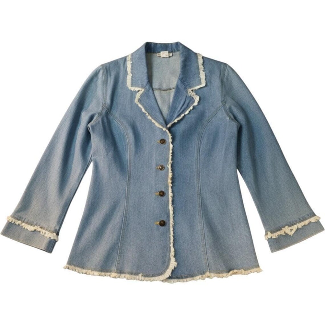 Womens Jacket Denim Blazer 8 Light Wash Frayed Fringe Trim Maria Gabrielle, Foto 1 von 5
