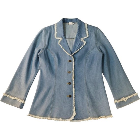 Womens Jacket Denim Blazer 8 Light Wash Frayed Fringe Trim Maria Gabrielle