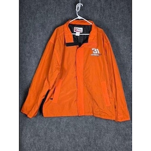 May include: Bright orange jacket with a black collar and a full-length zipper. The jacket has the number "31" embroidered on the chest and a small logo on the collar. The jacket is hanging on a white hanger.