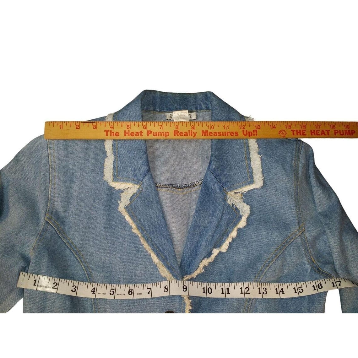 Womens Jacket Denim Blazer 8 Light Wash Frayed Fringe Trim Maria Gabrielle, Foto 4 von 5