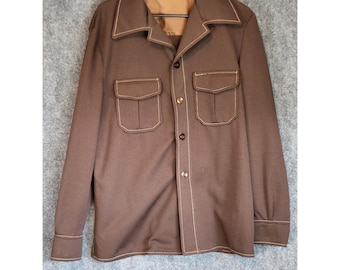 Vintage 70s Style Brown Jacket with Pockets & Contrast Stitching - Mens L Casual