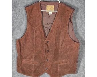 Vintage Genuine Leather Brown Suede Vest Western Style Quilted Lining Size Large