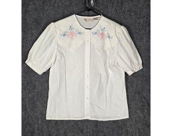 VTG Bechamel Vintage White Floral Embroidered Lace Button Down Blouse Womens 14
