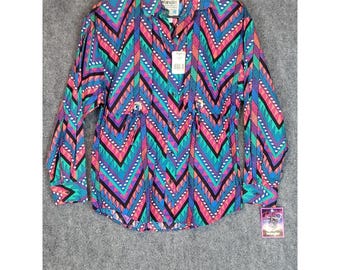 NWT Vintage Wrangler Tscitah Western Shirt Chevron Geometric Aztec Southwestern Neon Tribal Concho Button Front Top Womens M Rodeo Cowgirl